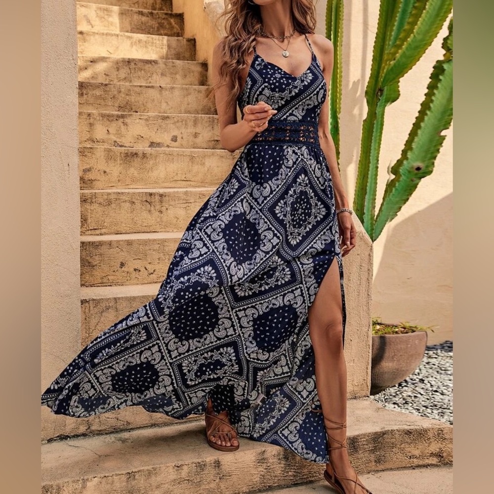 Paisley print lace insert maxi dress